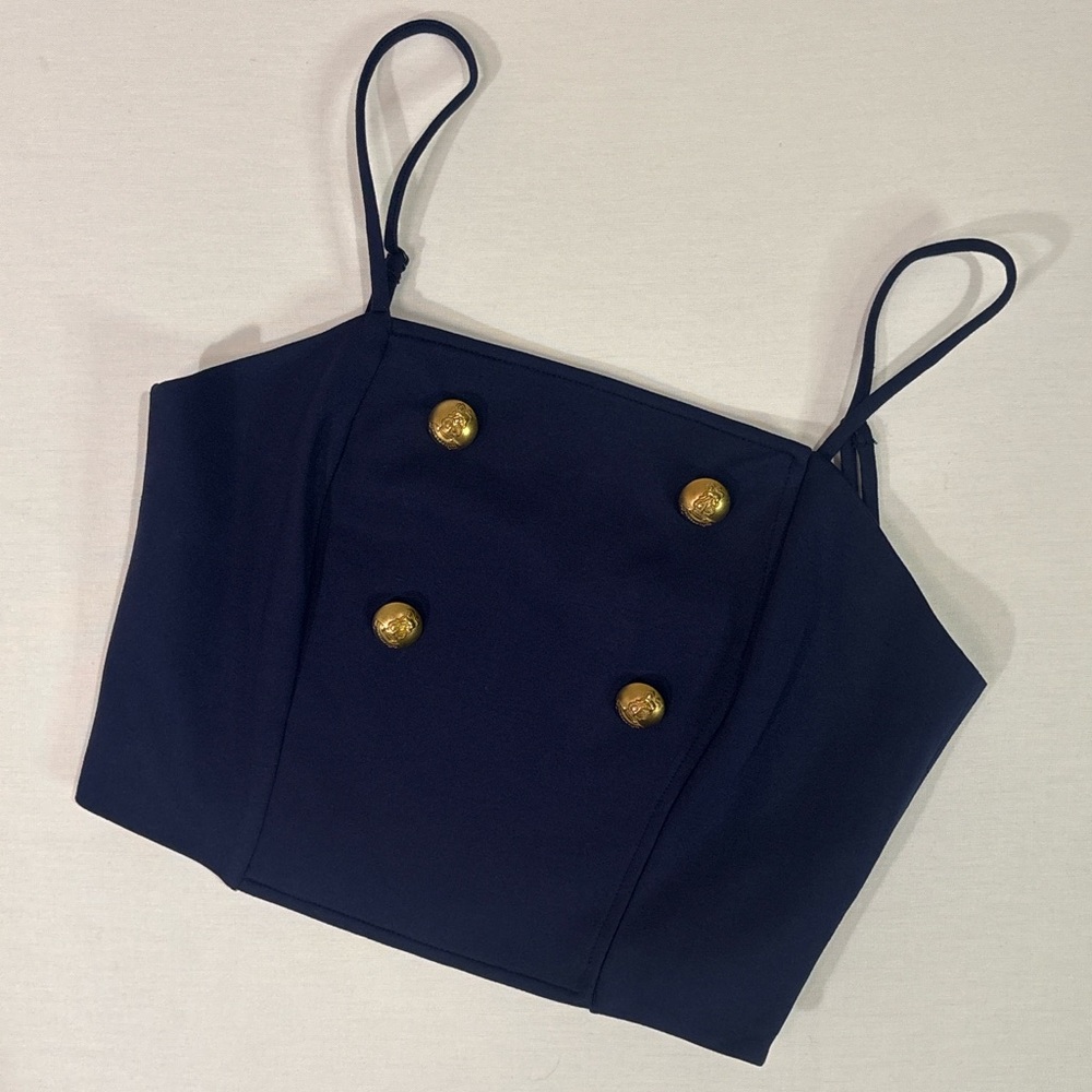 Eva Franco Navy Structured Crop Bustier Top Gold Button Detail Size 8